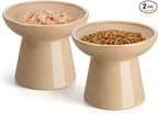 vancasso Elevated Cat Food Bowls 2-Pack, 6.2" Wide Shallow Cat Feeding Bowl for Whisker Fatigue, 5.1" Height Ceramic Raised Food Bowls for Senior Cats, Anti Vomit, Brown