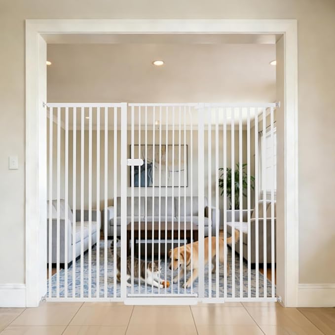 Lumizone Extra Tall Cat Gate 55.12" High 63.39"-67.71" Wide Pet Gate White | Dog Gate for Doorway Hallway Stairs Pressure Mounted Extra Wide 1.37" Gap No Drilling Auto-Close One-Handed Operation