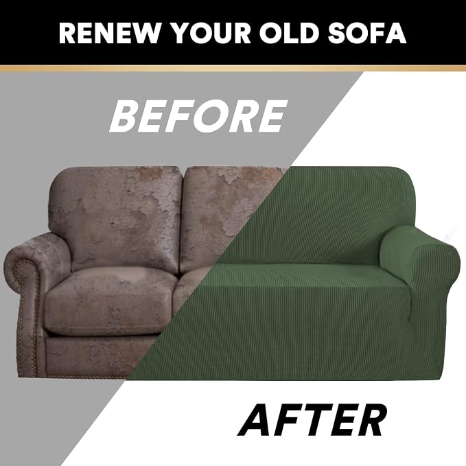 Stretch Sofa Cover Slipcover 1-Piece, Spandex Jacquard Fabric Universal Couch Cover for 3 Cushion, Washable Non Slip Sofa Cover, Pet Friendly (Large Sofa 90"-100",Bronze Green)