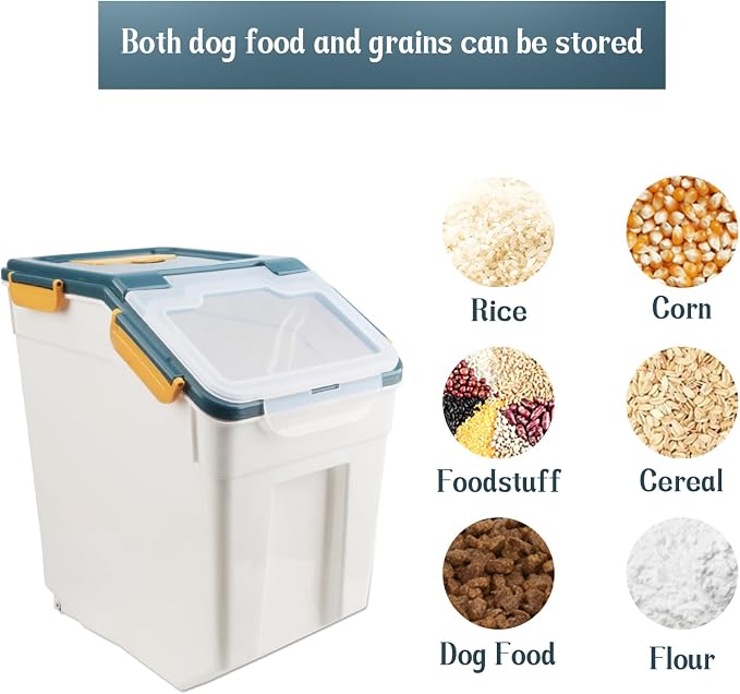 2 Pack Rice Storage Container with Measuring Cup 50 lb Flour Storage Container with Wheels, BPA Free Food Storage Container Dog Cat Food Bin Set for Dry Food Sugar, Cereal(Blue)