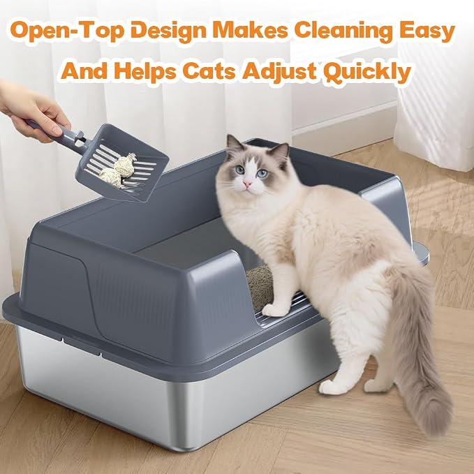 Vivifying Stainless Steel Cat Litter Box, XL Extra Large Semi-Enclosed Metal Pan with Side Entry, Scoop Included, Open Top Potty for Indoor Big Cats & Kitty, Easy to Clean & Odor Resistant (Gray)