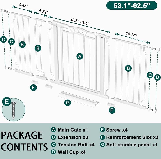 Fairy Baby 53.1"-62.5" Extra Wide Baby Gate for Doorways, Pressure Mounted Dog Gates for Stairs Indoor, Auto-Close Metal Pet Gate for House, No Drill Easy Walk Thru Safety Child Gate with Door, White