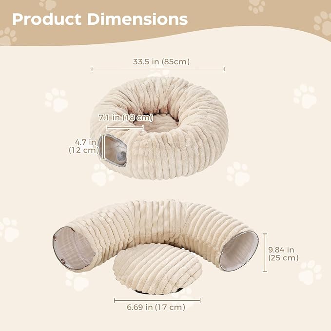 Avont Cat Tunnel Bed for Indoor Cats, Latte | Cat Donut Tunnel Toys | Folds Into a Cozy Bed | 3 Shapes: Donut, C, S | 9.8in Large Cats | 2 Peek Holes & 2 Toy Balls