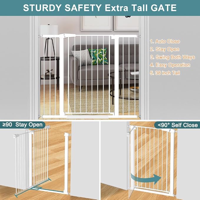Fairy Baby 38" Extra Tall Baby Pet Gate for Stairs,70.9"-76.3" Extra Wide Long Dog Gate for the House, Metal Auto Close Pressure Mounted Safety Child Gate, Tension Baby Gate Barrier No Climb, White