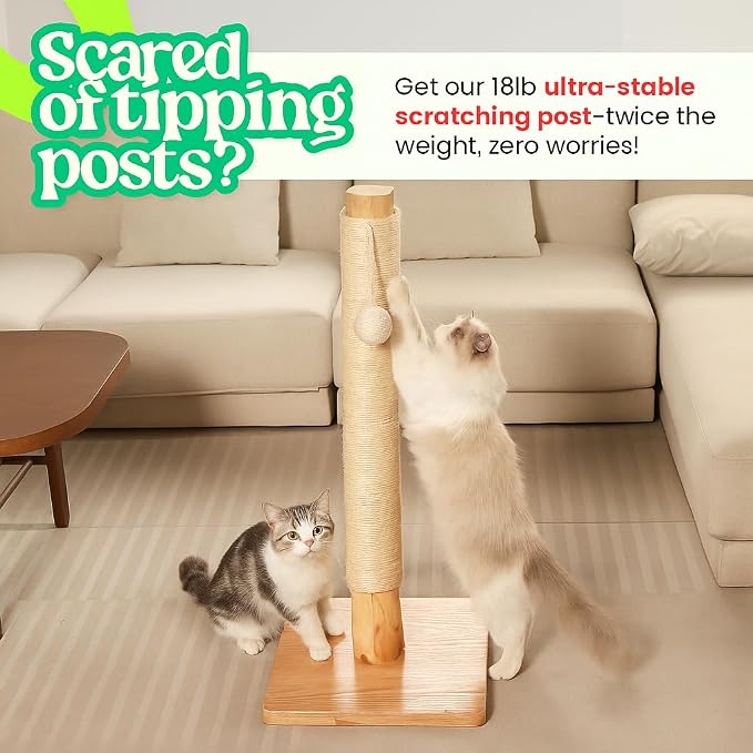 35" Solid Wood Cat Scratching Post, Stop Replacing Cheap Post | 18 lb Heavy Build, Natural Pear Tree Trunk, Beautiful Raw Look, RubberWood Base with Oak Veneer, 1-Year Free Rope Replacement