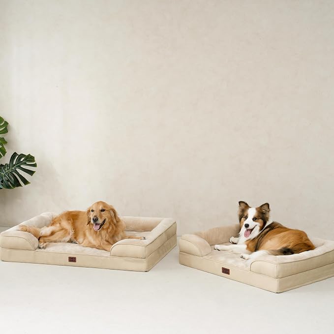 EHEYCIGA Orthopedic XXL Dog Bed, Waterproof Washable XL Big Pet Bed 52" | Non-Slip Bottom and Egg-Crate Memory Foam Extra Large Pet Couch Bed with Washable Removable Cover, Greige