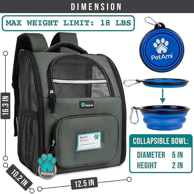 PetAmi Dog Backpack Carrier for Small Large Cat, Pet, Puppy, Ventilated Pet Hiking Backpack Travel Bag, Airline Approved Cat Backpack Carrier, Camping Biking Dog Bag Up to 18lbs Pet, Dark Grey