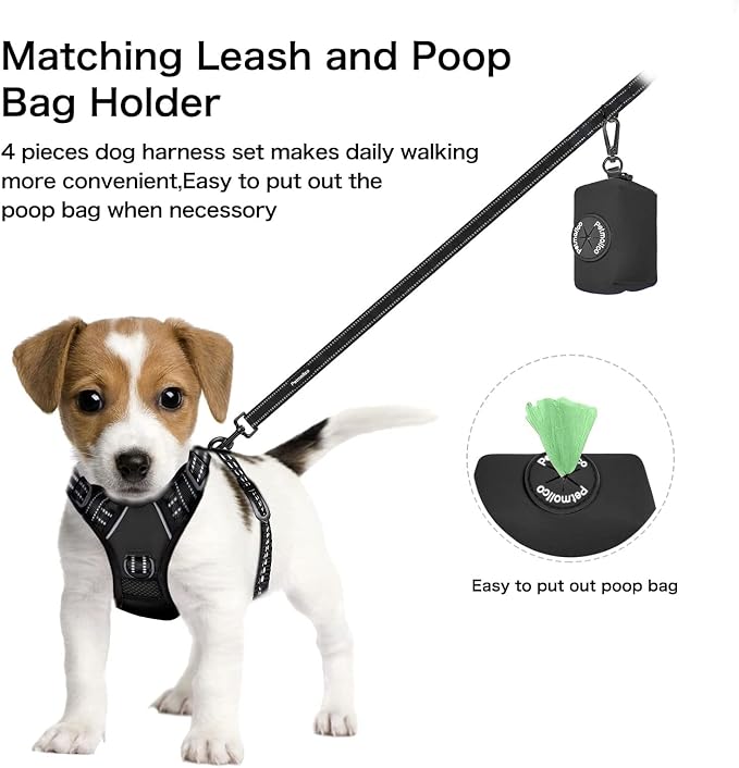 Petmolico No Pull Dog Harness Set with Leash Attachment Easy Control Handle Reflective Harness Vest Small Breed, Puppy Vest and Leash Set with Poop Bag Holder, Medium - Black