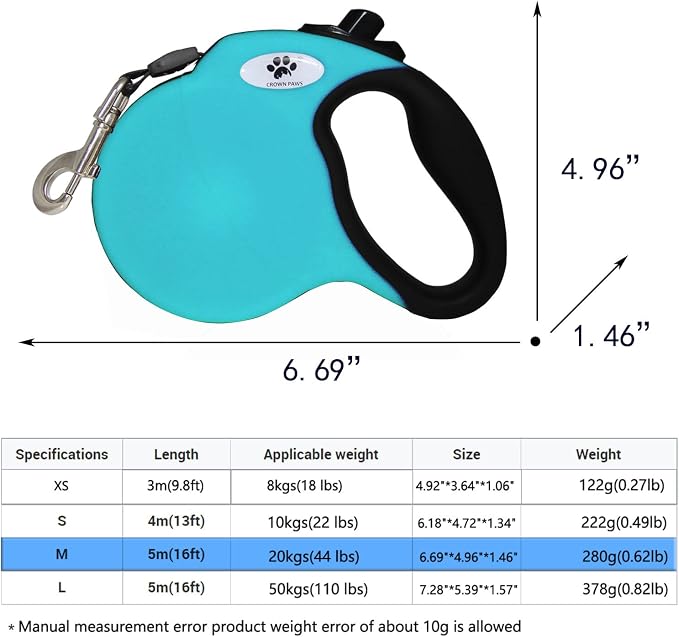 16 ft Retractable Dog Leash for Large Dogs up to 44 lbs,Tangle-Free Nylon Tape,Blue M