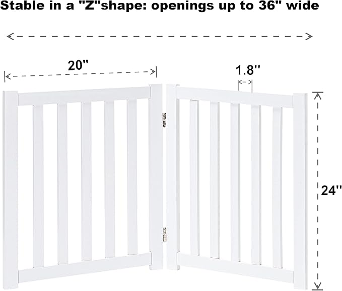 LZRS Wooden Free Standing Foldable Dog Gate Indoor – Solid Hard Wood 40" W x 24" H, Step-Over Safety Pet Gate for Doorways, Stairs & Small Spaces - Indoor Use, White