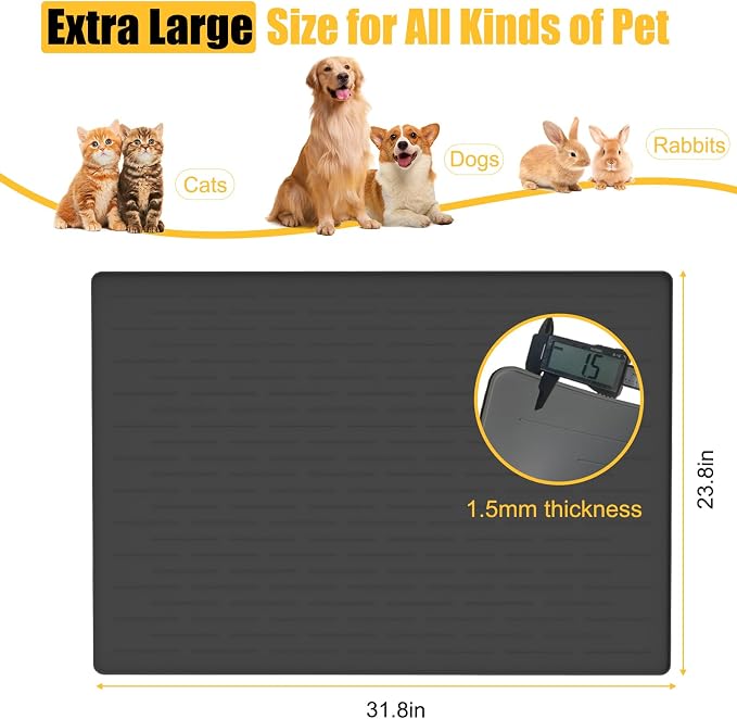 Large Dog Mat for Food and Water, 31.8"x23.8" Silicone Pet Feeding Mats, Waterproof Dog Bowl Mat with High Edges to Prevent Water and Food Spills, Dark Gray