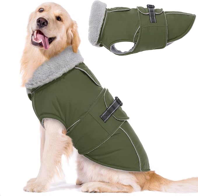 Lelepet Dog Coats for Large Dogs Waterproof Dog Jacket with Adjustable Fit | Windproof Cold Weather Coats with Adjustable Buckle & Leash Hole Reflective Winter Jackets for Large Dogs, Army Green, L