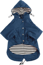 Dog Zip Up Raincoat with Reflective Buttons, Rain/Water Resistant, Adjustable Drawstring, Removable Hood, Raincoats with Legs 8lbs to 80lbs Available - Dark Blue - Small