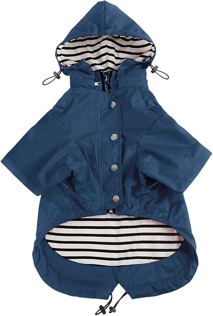 Morezi Dog Zip Up Raincoat with Reflective Buttons, Rain/Water Resistant, Adjustable Drawstring, Removable Hood, Raincoats with Legs 8lbs to 80lbs Available - Dark Blue - L