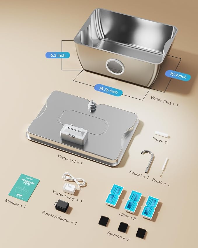HINTON Stainless Steel Dog Water Fountain for Large Dogs, 12L, 3 Filters | Viewing Window, LED Water Level Indicator, Super Quiet Pump, Easy to Clean, BPA-Free