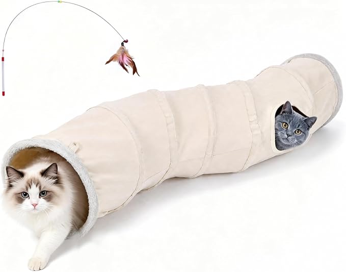 Ownpets S-Shape Cat Tunnel Toy 48"L x 12"D, for Cats, Puppies & Small Pets | Collapsible for storage, tear-resistant oxford fabric, connects to other tunnel, with peek hole, feather wand, indoor/outdoor