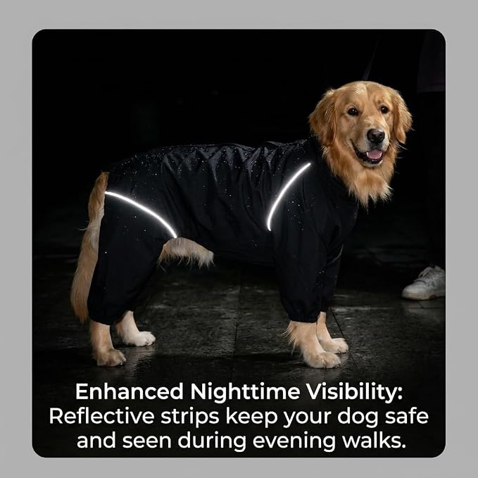 Dog Raincoat for Medium Large Dogs,rain Jacket Coat, Full Leg Coverage Waterproof Rain Suit with Detachable Hood & Tail, Reflective Strips, Snag-Free Top Zipper (Black for Boy, XX-Small)