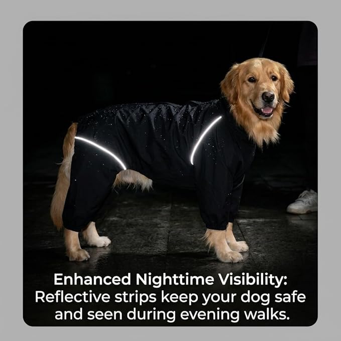 Dog Raincoat for Medium Large Dogs,rain Jacket Coat, Full Leg Coverage Waterproof Rain Suit with Detachable Hood & Tail, Reflective Strips, Snag-Free Top Zipper (Black for Boy, XX-Large)