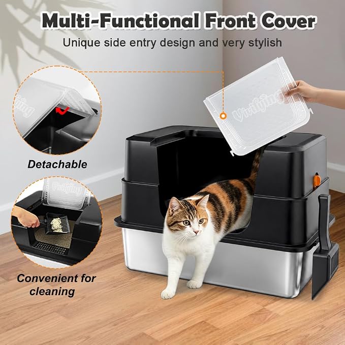 Vivifying Stainless Steel Litter Box, XL Side Entry Extra Large Litter Box with Lid for Big Cats & Kitty, Removable Enclosed Metal Cat Pan with High Sided Enclosure, Scoop (Black)