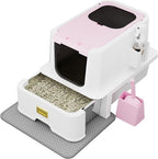 RIZZARI Covered Litter Box for Indoor Cats: Pink, Drawer, Easy Clean | Built-In Deodorizer Spray / Spacious for Large Cats / Stainless Anti-Odor / Pull-Out Drawer / Includes Scoop & Mat