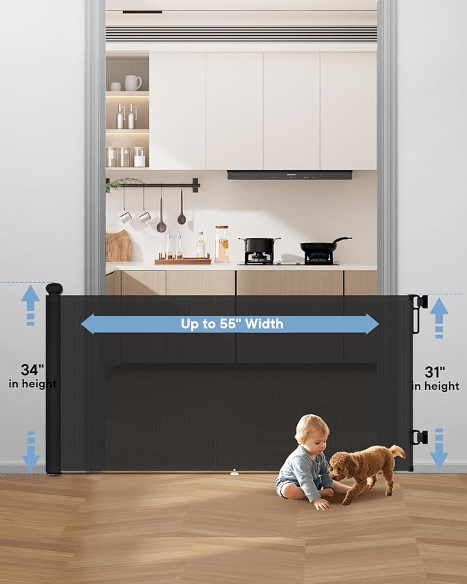 Retractable Baby Gates, 34" Tall Fits Up to 55" Wide, Black | No Bottom Bar Mesh Baby & Pet Gate with Anti-Crawling Hook, One-Hand Operation, Safety Lock for Stair, Doorway,Indoor/Outdoor