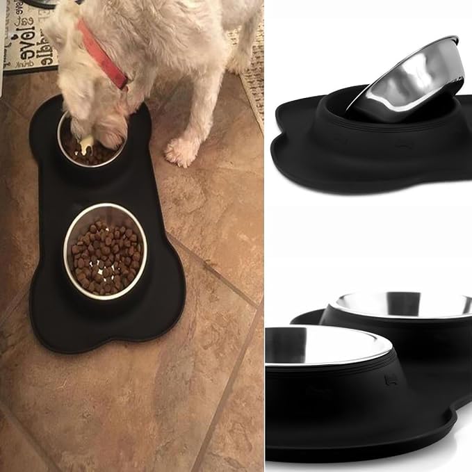 AsFrost Dog Food Bowls Stainless Steel Dog Bowls with No Spill Non-Skid Silicone Mat, Dog Food and Water Bowl Set, Dog Dishes for Small Medium Large Sized Dogs Pet Food Feeding Bowls, 4 Cup, Black