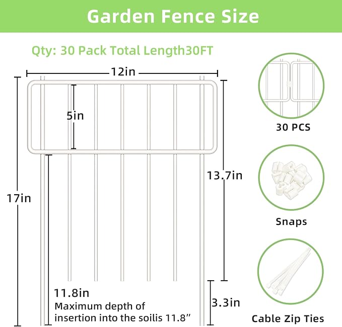 Thrivinest 30 Pack Animal Barrier Fence, No Dig Fence Decorative Fences, Rustproof Metal Small Garden Fence Border for Dogs Rabbits (White, 30 Pack,30Ft)