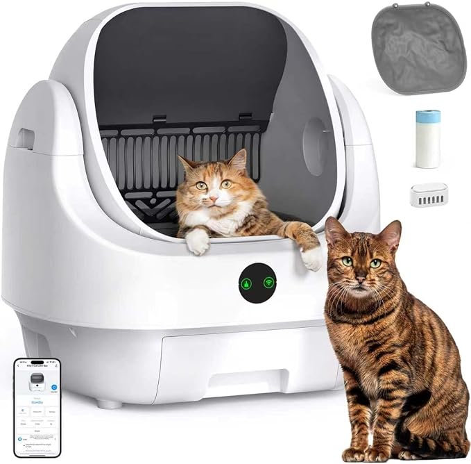 Open-Top Automatic Litter Box, Odor Control, Ready to Use, Self Cleaning | Litter Box, Large Capacity with APP Control and Safety Sensor, Ellenpent, with Trash Bags/Waterproof Mat/Litter Mat