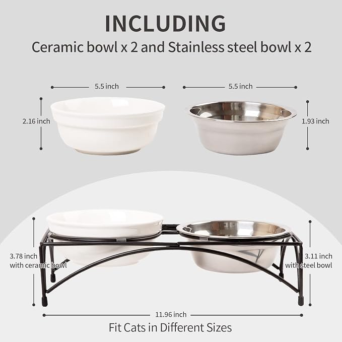 FOREYY Elevated Cat Bowls with 2 Ceramic & 2 Stainless Steel Bowls, Raised Cat Food & Water Dishes with Iron Stand, Porcelain Pet Dishes for Cats & Small Dogs, 16 Ounces, Dishwasher Safe (White)