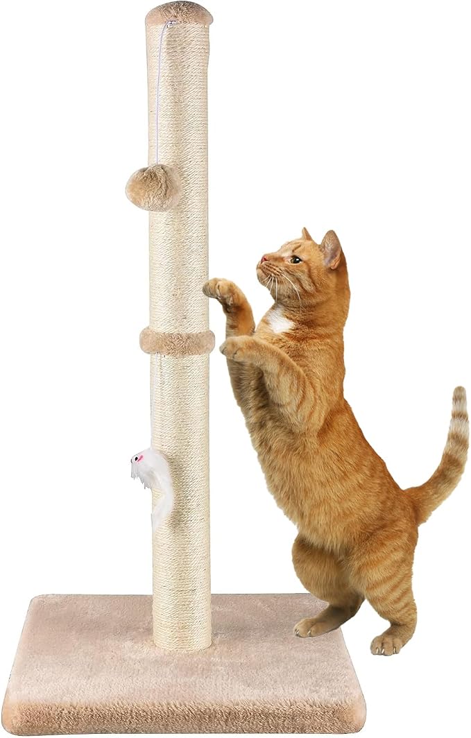 MeowHomm 32” Tall Cat Scratching Posts for Indoor Cats Adults with 2 Hanging Ball, Large Cat Scratch Post Cat Scratcher Includes Sisal Rope(Yellow)