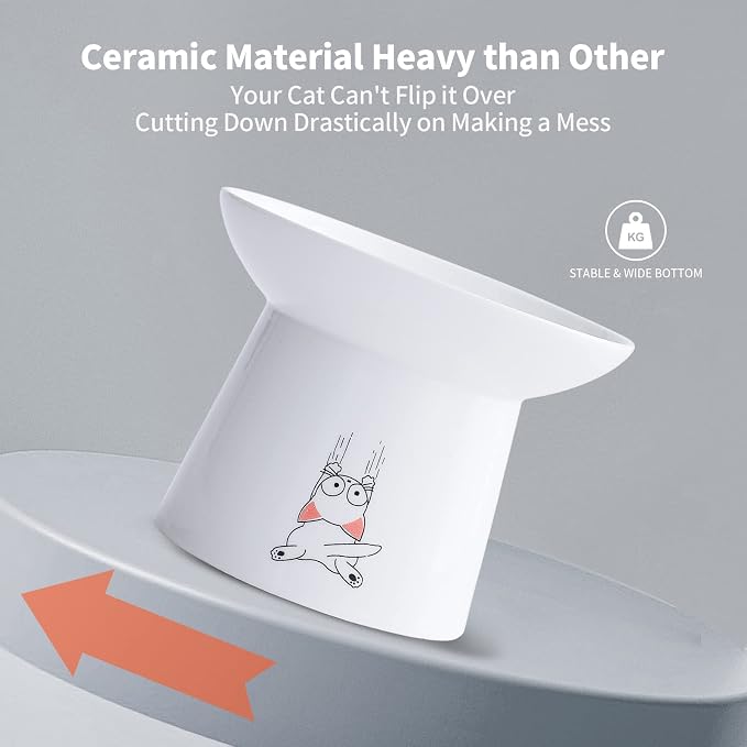 6.5 Inch Ceramic Raised Cat Bowls, Extra Wide Elevated Cat Food Water Bowl | Prevent Neck, Whisker Fatigue, Anti Vomit, for Elder Big Cats & Small Dogs, Dishwasher and Microwave Safe, White