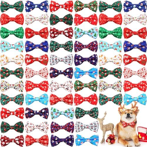 Sanwuta 60 Pieces Christmas Collar Dog Bow Ties Bulk Christmas Pet Bows Collar Attachment with Elastic Bands Holiday Dog Cat Collar Accessories by Sanwuta