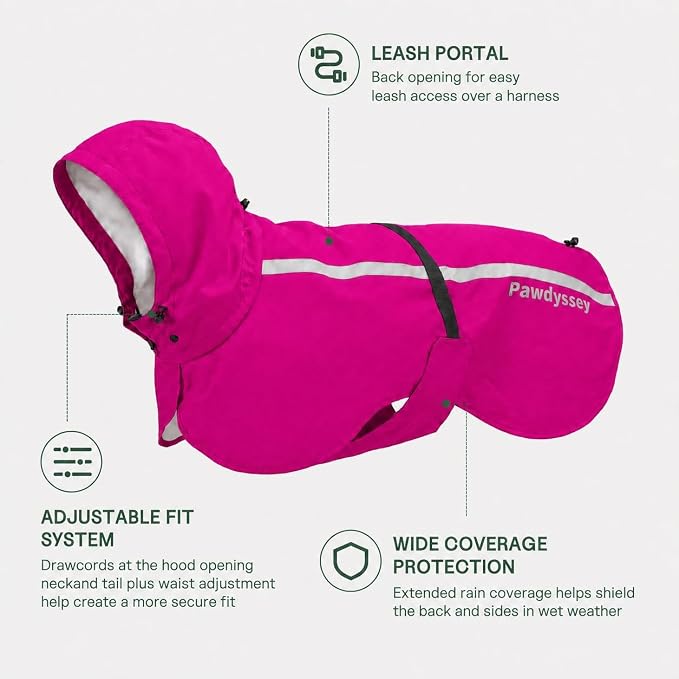 Stretch Fabric Dog Raincoat with Hood, Reflective Rain Poncho for Medium Large Dogs, Adjustable Waterproof Dog Rain Jacket with Leash Opening, Hot Pink, Large