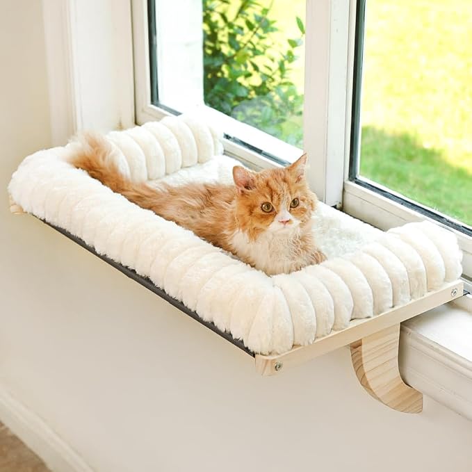 Cloud-Soft Cat Window Sill Perch with Zipper Designed Cushioned Bed, Supportive Cat Window Seat with Premium Solid Wood & Sturdy Metal Frame, Pet Hammock Bed for Large Cats (Large, White)