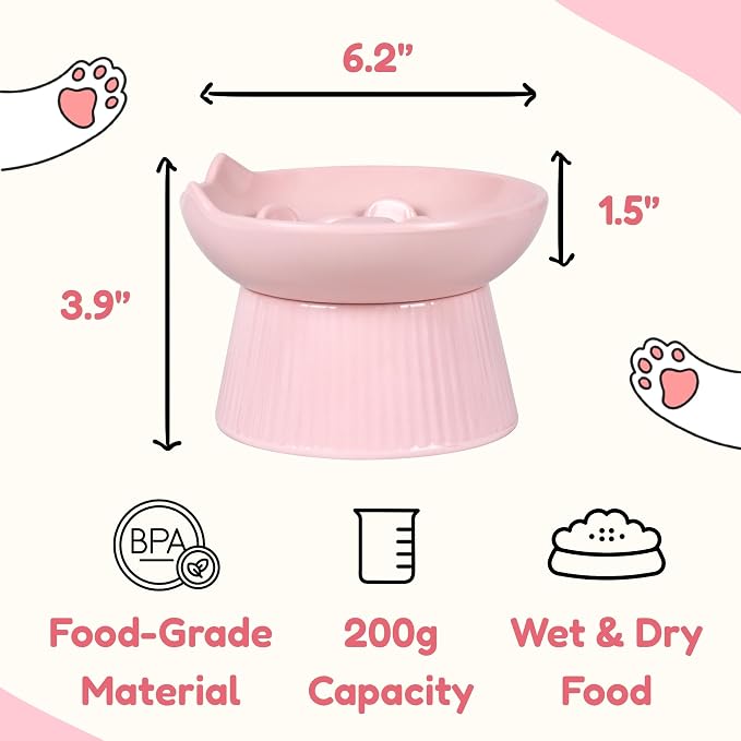 Unbreakable Raised Slow Feeder Bowl for Cats and Small Dogs, Elevated Cat Bowls, Detachable Slow Feede Bowl, Heavy Weighted, Non-Slip Feeder, Dry & Wet Food, Whisker Friendly (Pink; 6.2'')