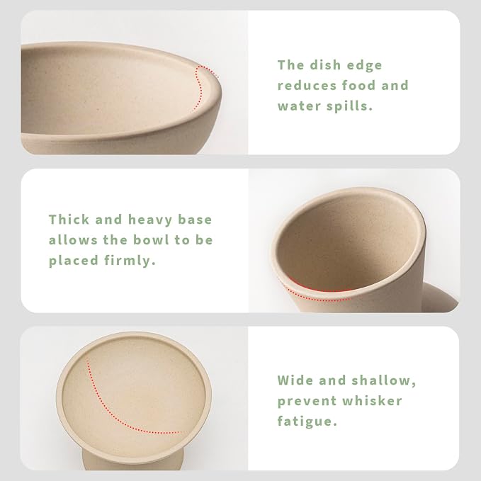 CEEFU 2-Pack Extra Wide Elevated Ceramic 6.2" Shallow Cat Food Bowls | Cat Dish for Whisker Fatigue Relief, 5" Height for Easy Feeding, Durable Raised, Pottery Clay (Not Glazed)