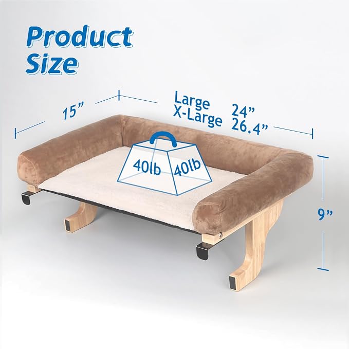 Zakkart Cat Perch for Window Sill with Bolster - Orthopedic Hammock Design with Premium Hardwood & Robust Metal Frame - Cat Window Seat for Large Cats and Kittens - Natural Color Wood Brown Bed, 24''W