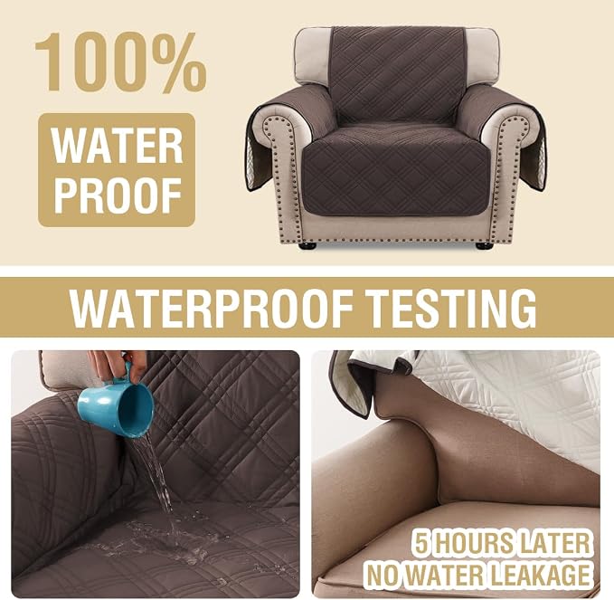 H.VERSAILTEX 100% Waterproof Arm Chair Covers Modern Sofa Chair Covers for Pets Stay in Place Furniture Protector with Elastic Straps(Chair,Chocolate/Beige)