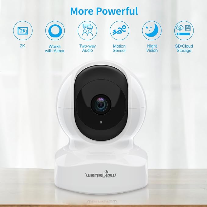 wansview Home Security Camera, Baby Camera 2.4G WiFi Only, Q5 3MP White | 2K WiFi Camera for Pet/Nanny, Motion Alerts, 2 Way Audio, Night Vision, Compatible with Alexa, with TF Card and Cloud
