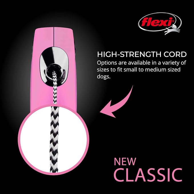FLEXI® Classic Cord Retractable Dog Leash, Small, 16 ft - Pink | German engineered, original flexi leash, durable quality for dogs up to 26 lbs, tangle-free, walking, reliable brake system