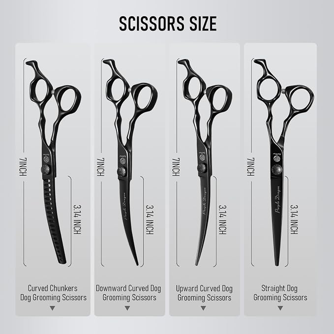 Purple Dragon Dog Grooming Scissors Set - Curved Chunkers | Stainless Steel, 7 Inch Black Shears, with Adjustable Screw, for Dogs and Cats