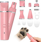 Veeconn 4 in 1 Dog Clippers Grooming Kit with Paw Hair Trimmer for Cat Pet | Low Noise, 7500RPM Powerful, IPX7 Waterproof, Safe & Easy for Beginners, 4 Guide Combs, Cordless Dog Nail Grinder (Pink)
