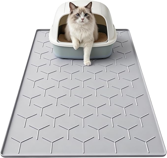 Garoopion Silicone Cat Litter Mat 34×22 inch, Easy to Clean, Gray | Waterproof Silicone Mat with Raised Edges, Catch Litter, Protect Floor from Urine, Multi-Use for Dog/Sink/Kitchen/Boots