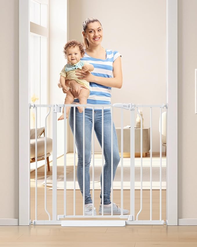 34" Tall Baby Gate No Drilling, Auto Close Dog Gate Indoor, White | for Doorways & Stairs, Pressure Mounted 29"-40" Wide Pet Gate, Easy Walk Through Stair Gate for Baby & Pet Stroller Friendly