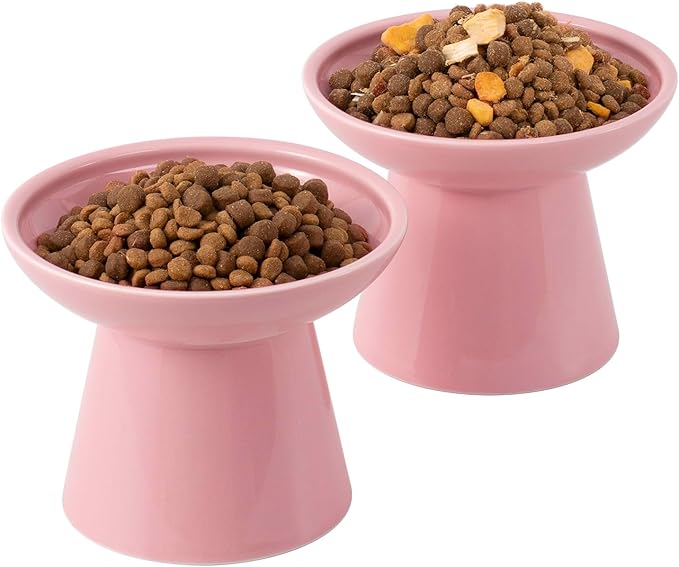 CEEFU 2-Pack Extra Wide Elevated Ceramic 6.2" Shallow Cat Food Bowls | Cat Dish for Whisker Fatigue Relief, 5" Height for Easy Feeding, Durable Raised, Pink