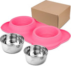 AsFrost Dog Food Bowls Stainless Steel Pet Food Bowls & Dog Water Bowls, Dog Bowls Silicone Mat No Spill Non-Skid Feeding Bowls for Small Size Dog Puppy Cat Food Dish, Pink, 3 Cup/24oz, Set of 2 Bowls