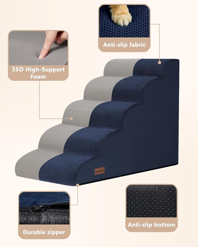 Aodisman Dog Stairs for High Beds,5 Step Pet Ramp for Dogs and Cats,22.4" H | High-density foam dog steps for beds and window sills, with a non-slip bottom for puppy and older cat,comfortable,Blue