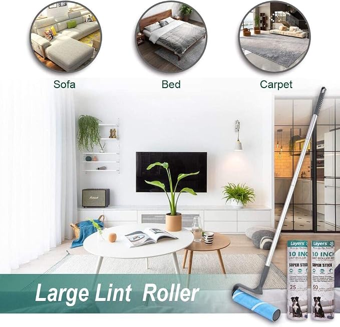 Layers Large 10in Wide Roller 75 Sheets with 4-Foot Extendable Handle | 2 Packs Wide Lint Refills (25+50) , for Remove Pet Hair, Lint, and Dust