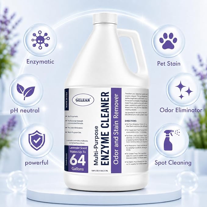 Enzymatic Cleaner Multi-Purpose Enzyme Cleaner for Dog Urine and Poop Carpet | Cat Pee Odor eliminator Pet Urine Enzyme Drain Cleaner | Floors, Carpets, Laundry, Bathrooms, Trash Can Deodorizer, 128oz