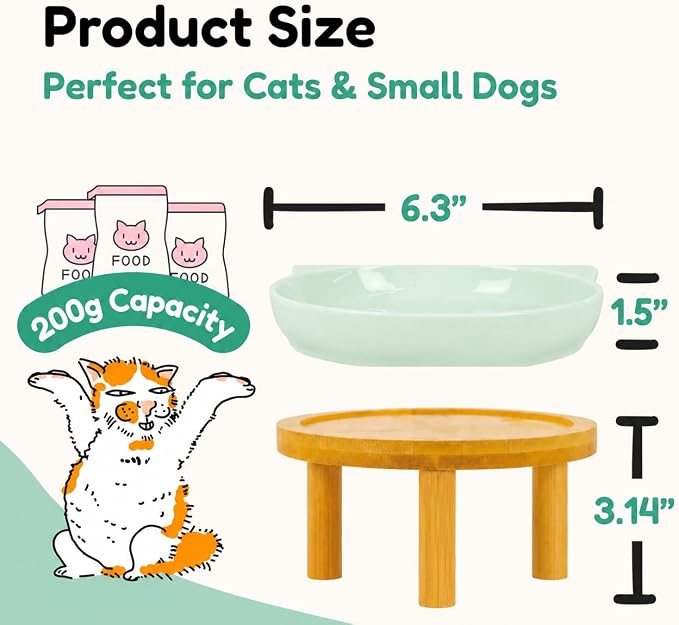 Elevated Ceramic Cat Bowls with Bamboo Stand for Cat Bowl, Whisker Friendly Shallow Cat Plate, Stable Raised Cat Food Riser for Indoor Cats (Green, Set of 1)